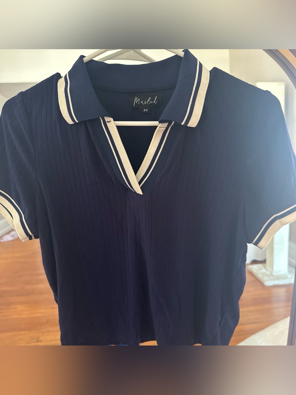 Marled Navy Short-Sleeve Polo with White Stripe Collar
